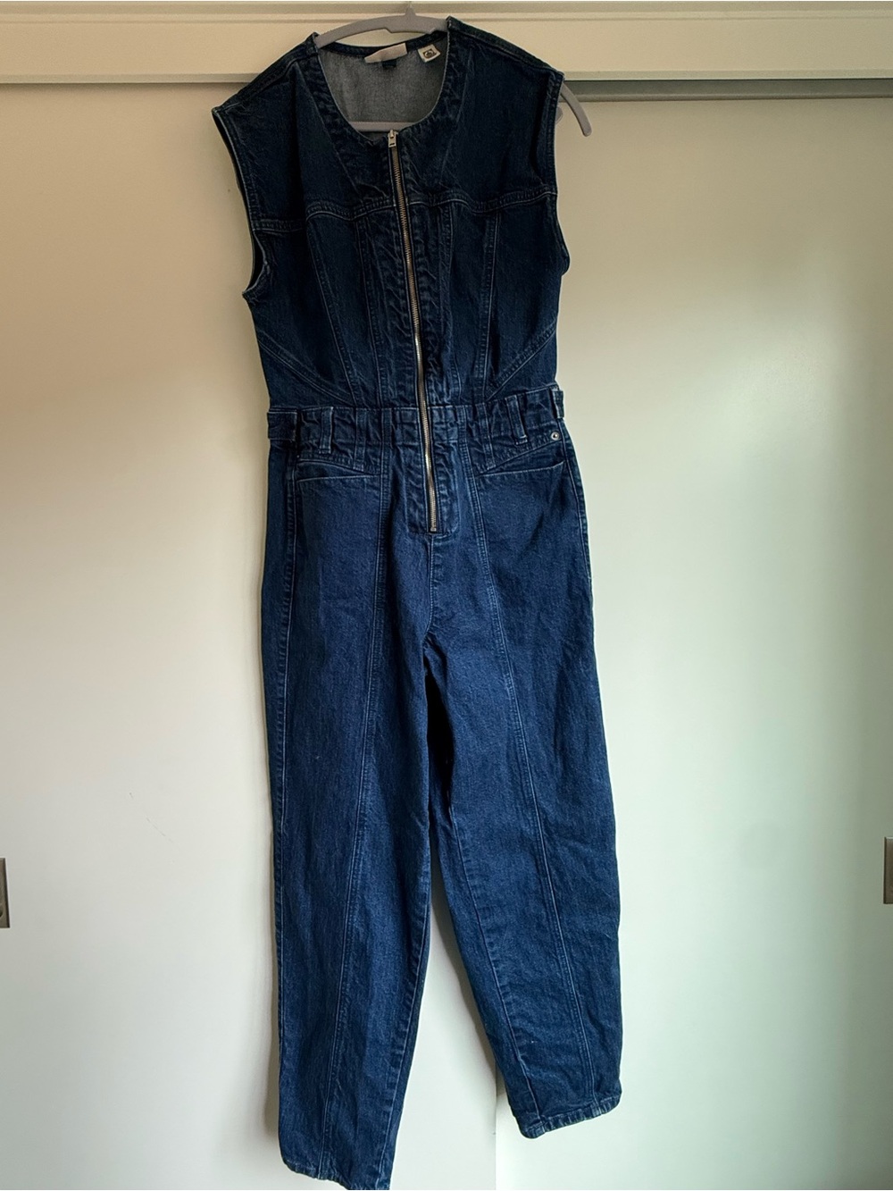 Barrel Leg Sleeveless Dark Blue Denim Jumpsuit with Front Zip + Adjustable Waist